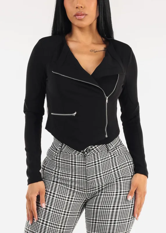 Stretch Long Sleeve Zip Up Colorblock Crop Jacket Black made by Chocolate