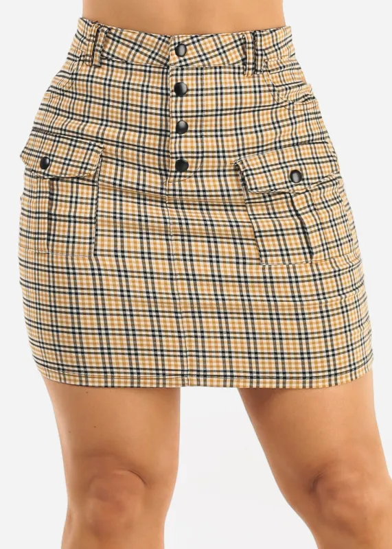 High Waist Stretch Plaid Mini Skirt Mustard made by Chocolate