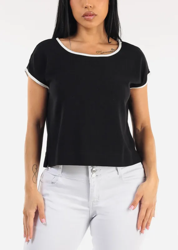Short Sleeve Round Neck Linen Style Blouse Black made by Blu Pepper
