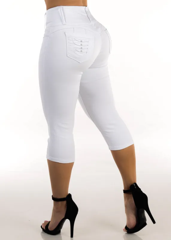 MX JEANS Butt Lift High Waisted Stretchy Denim Capris White made by Moda