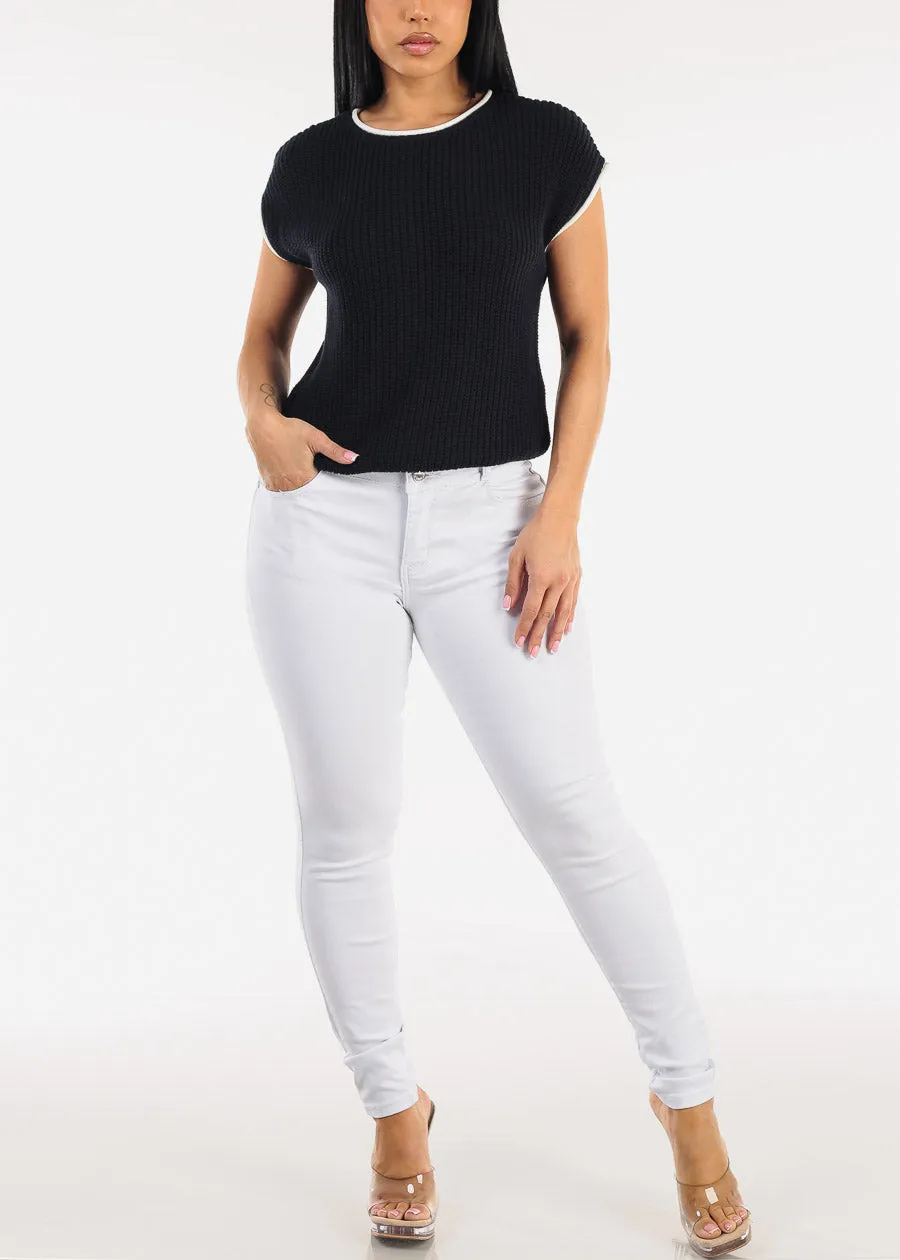 Short Sleeve Round Neck Knit Sweater Top Navy sold by Moda product image thumbnail 2