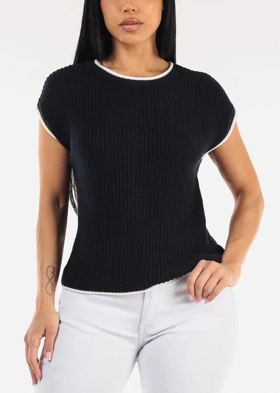 Short Sleeve Round Neck Knit Sweater Top Navy sold by Moda product image thumbnail 3