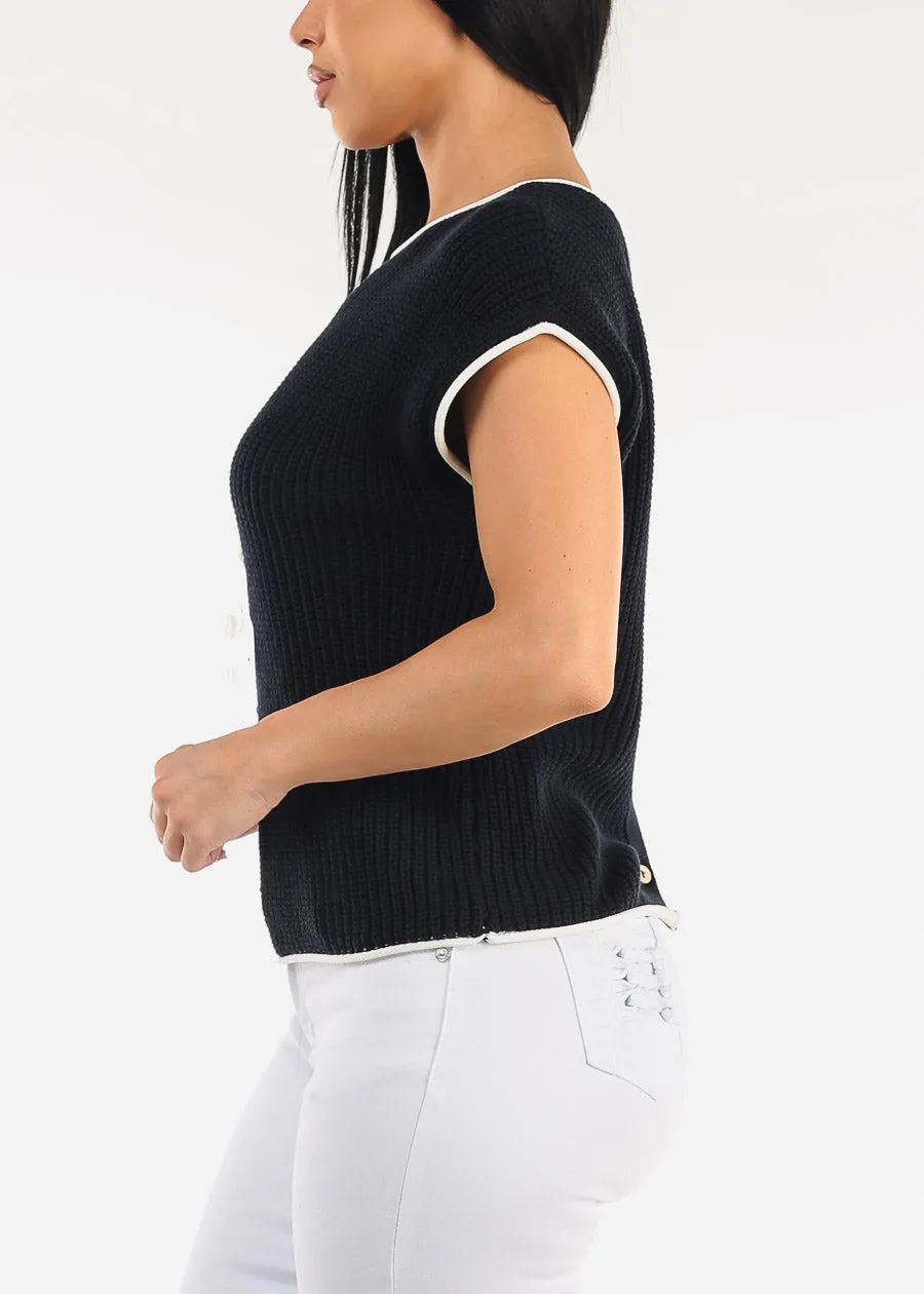 Short Sleeve Round Neck Knit Sweater Top Navy sold by Moda product image thumbnail 4