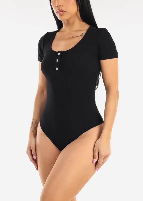 Black Short Sleeve Stretch Ribbed Bodysuit made by Active Basic