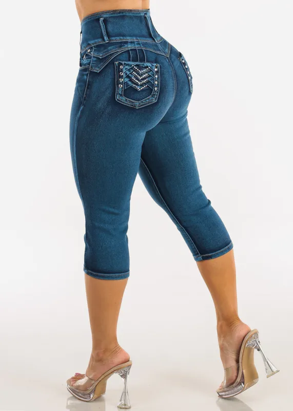 MX JEANS Butt Lift High Waist Stretch Denim Capris Med Sand Wash made by Moda