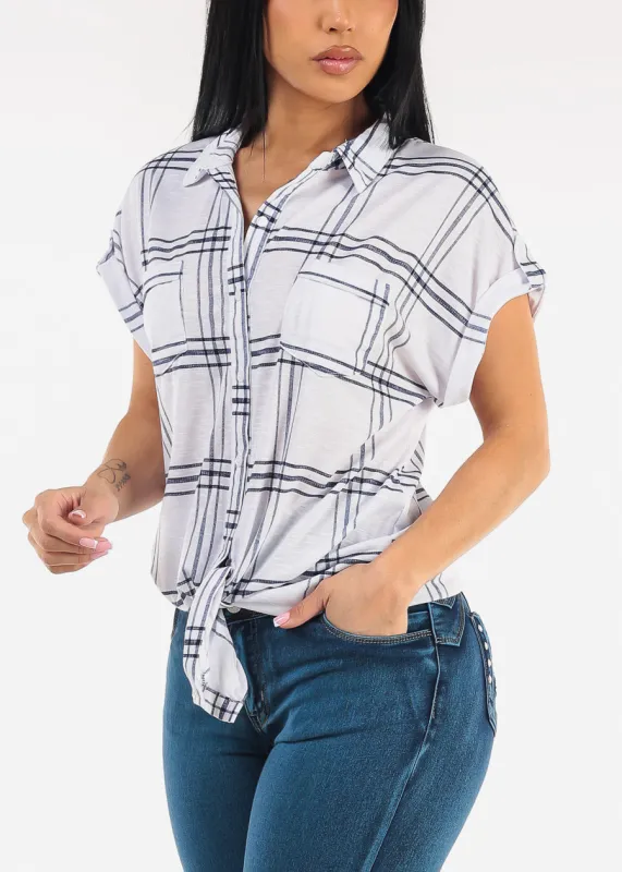 Short Sleeve Tie Front Button Up Plaid Blouse Ivory & Navy made by Moda