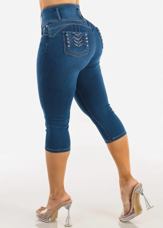 MX JEANS Butt Lift High Waist Stretch Denim Capris Indigo made by Moda