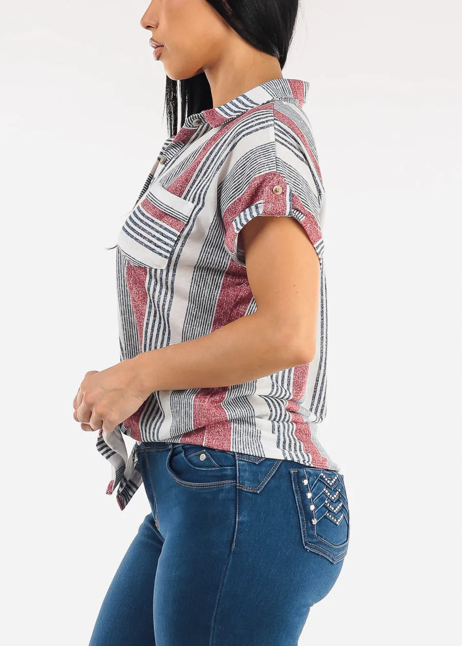 Short Sleeve Tie Front Button Up Stripe Blouse Ivory & Red sold by Moda product image thumbnail 3