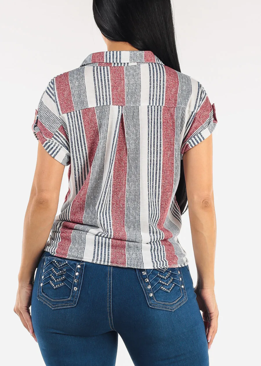 Short Sleeve Tie Front Button Up Stripe Blouse Ivory & Red sold by Moda product image thumbnail 4