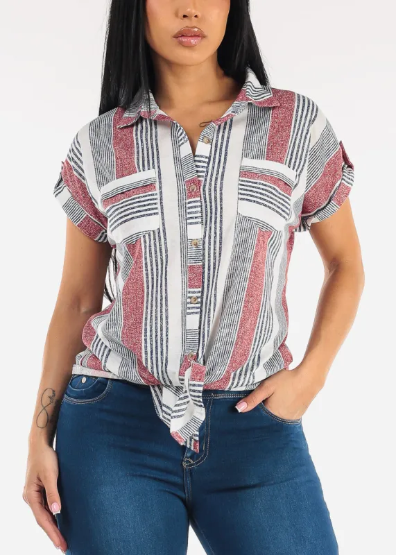 Short Sleeve Tie Front Button Up Stripe Blouse Ivory & Red made by Moda
