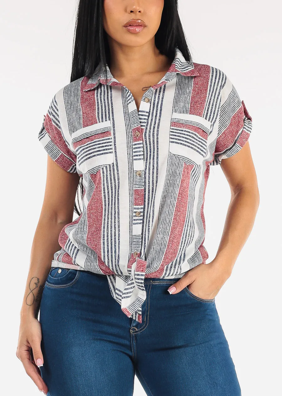 Short Sleeve Tie Front Button Up Stripe Blouse Ivory & Red sold by Moda