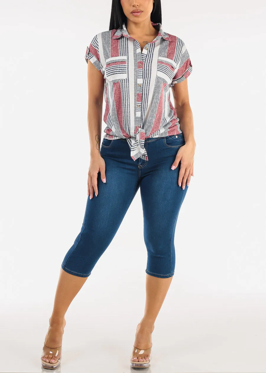 Short Sleeve Tie Front Button Up Stripe Blouse Ivory & Red sold by Moda product image thumbnail 2