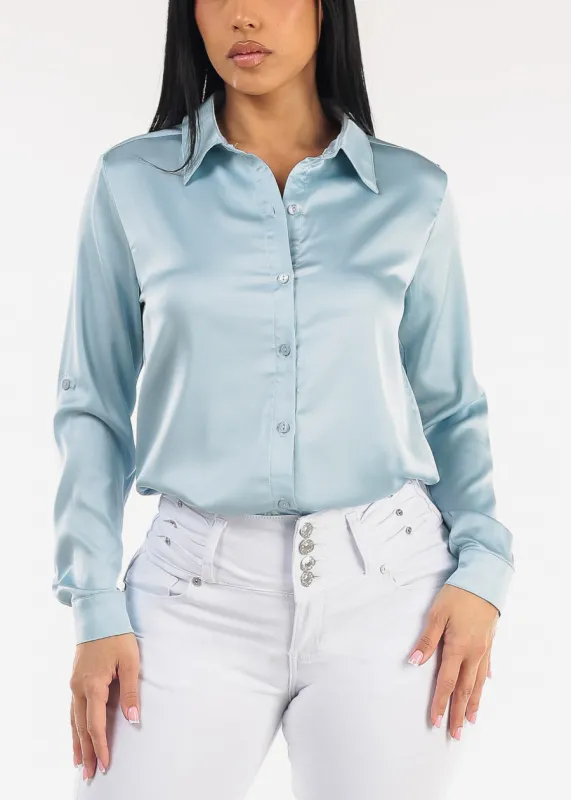 Long Sleeve Button Down Stretch Satin Blouse Light Blue made by Moda