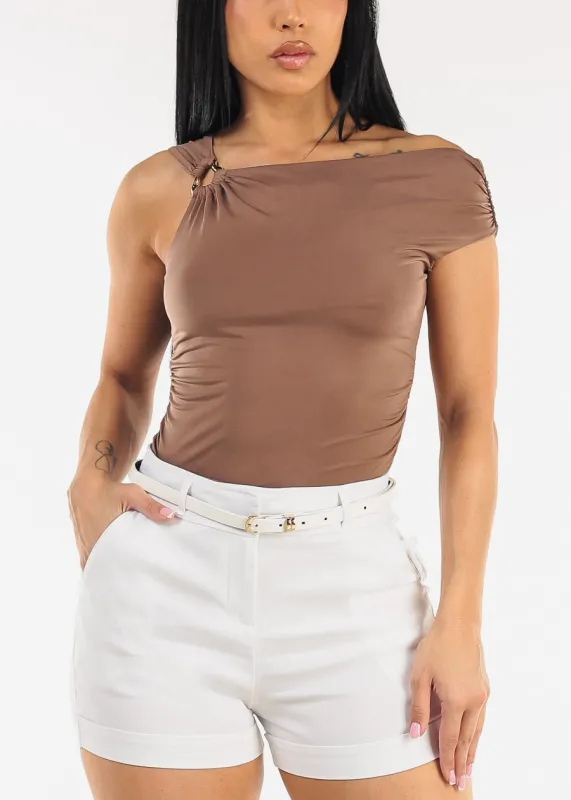 Sleeveless Asymmetrical Neckline Ruched Blouse Mocha made by Chocolate