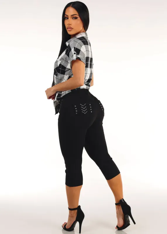 Plaid Butt Lift Denim Capris Outfit made by Moda