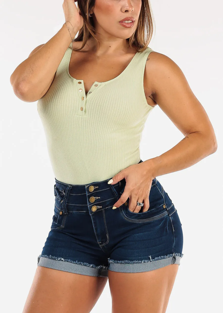 Henley Sleeveless Ribbed Stretch Bodysuit Light Green sold by Moda product image thumbnail 5