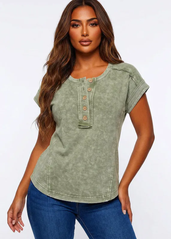 Henley Short Sleeve Mineral Wash Top Olive made by Blu Pepper