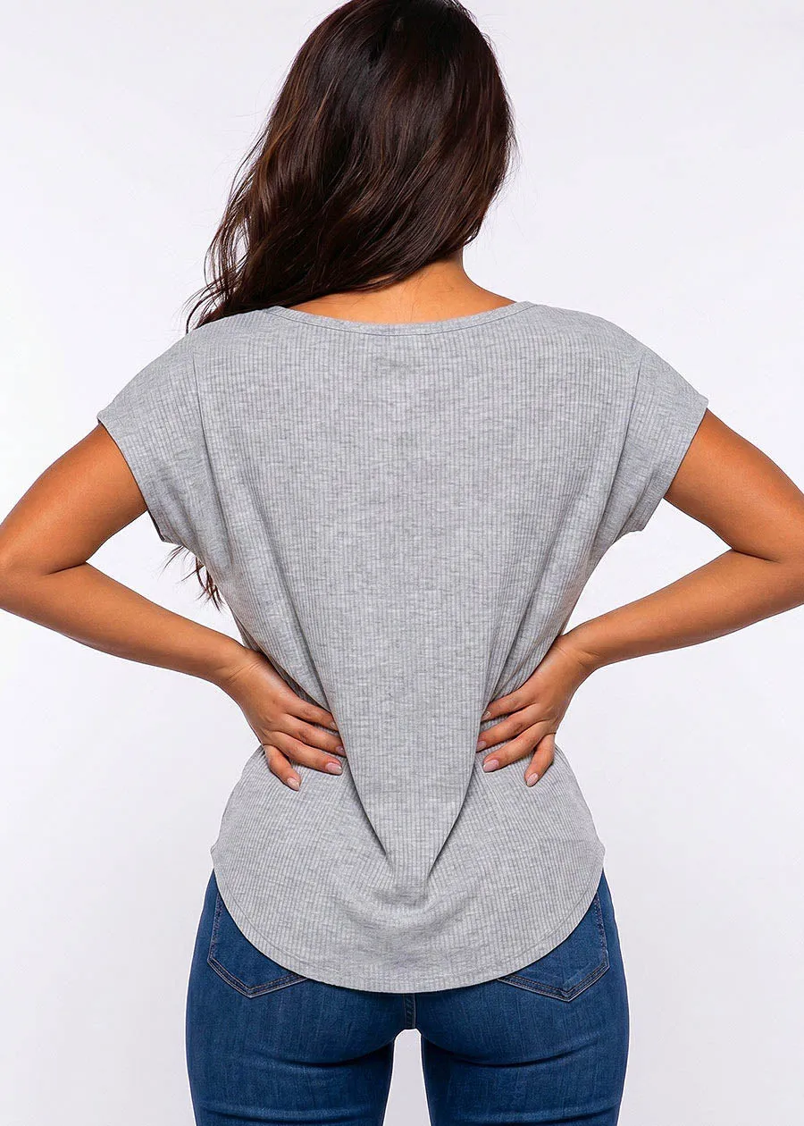 Stretchy Cap Sleeve Round Neck Ribbed Top Grey sold by Moda product image thumbnail 2
