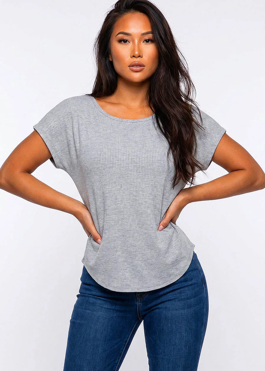 Stretchy Cap Sleeve Round Neck Ribbed Top Grey sold by Moda