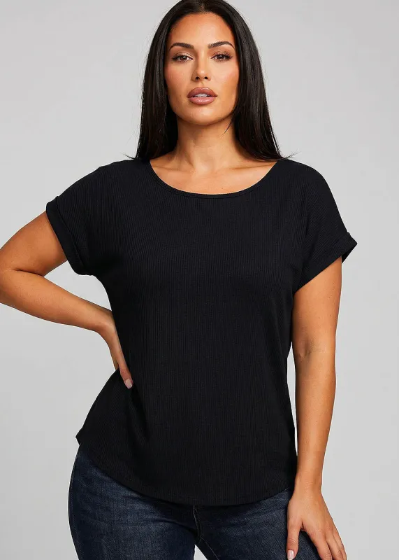 Stretchy Cap Sleeve Round Neck Ribbed Top Black made by Active Basic