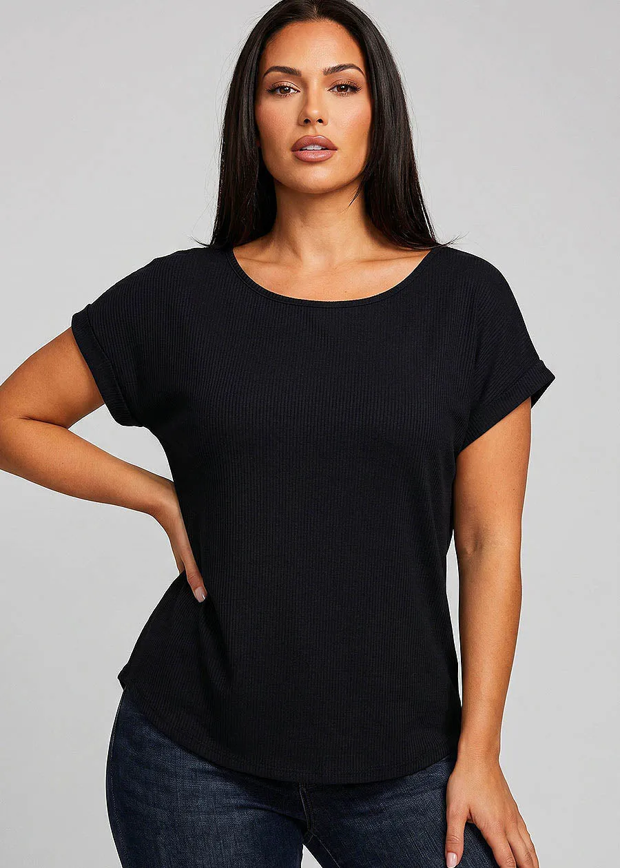 Stretchy Cap Sleeve Round Neck Ribbed Top Black sold by Moda