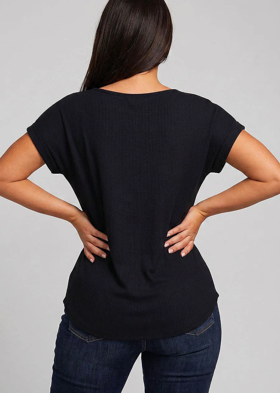 Stretchy Cap Sleeve Round Neck Ribbed Top Black sold by Moda product image thumbnail 2