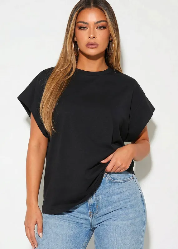 Cap Sleeve Round Neck Cotton Tee Black made by Active Basic