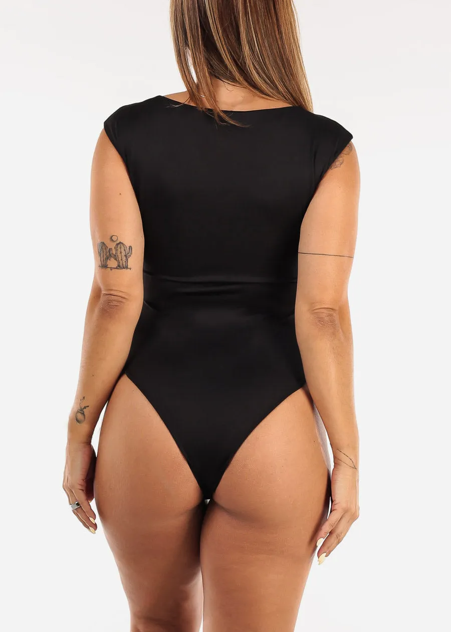 Short Cap Sleeve Boat Neckline Stretch Bodysuit Black sold by Moda product image thumbnail 4