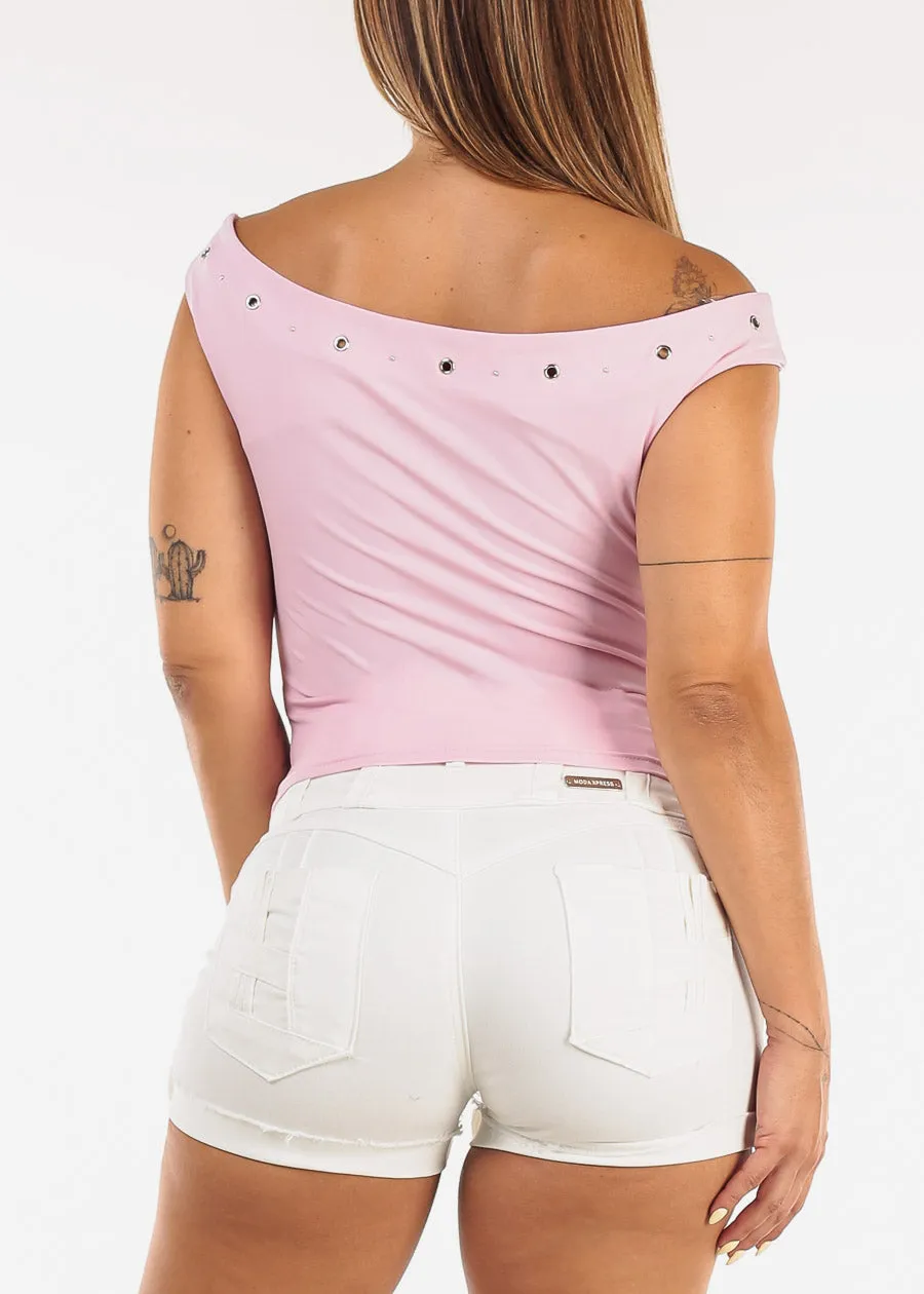 Off Shoulder Stretch Top Light Pink w Studded Neckline sold by Moda product image thumbnail 4