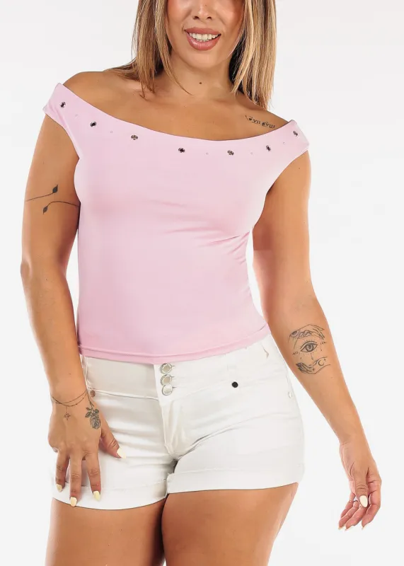 Off Shoulder Stretch Top Light Pink w Studded Neckline made by Active Basic
