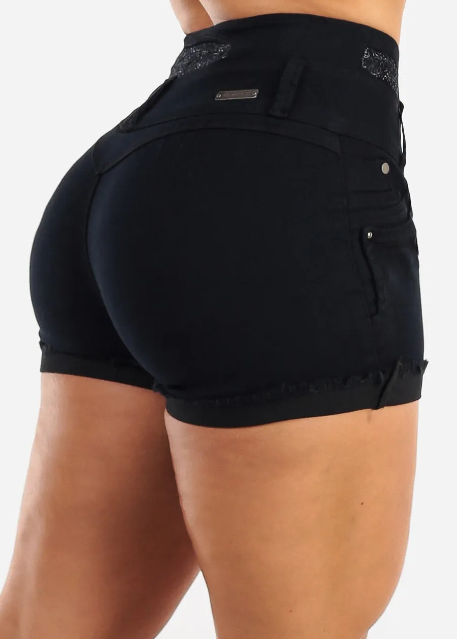 MX JEANS Embroidered Back Butt Lift Stretch Cuffed Denim Shorts Black sold by Moda