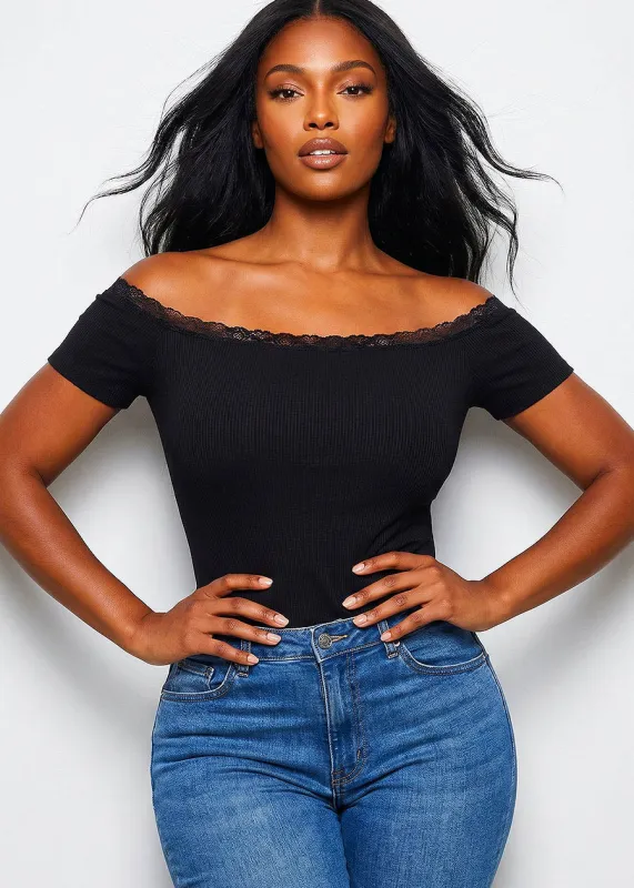 Off Shoulder Stretch Ribbed Top Black w Lace Trim made by Active Basic