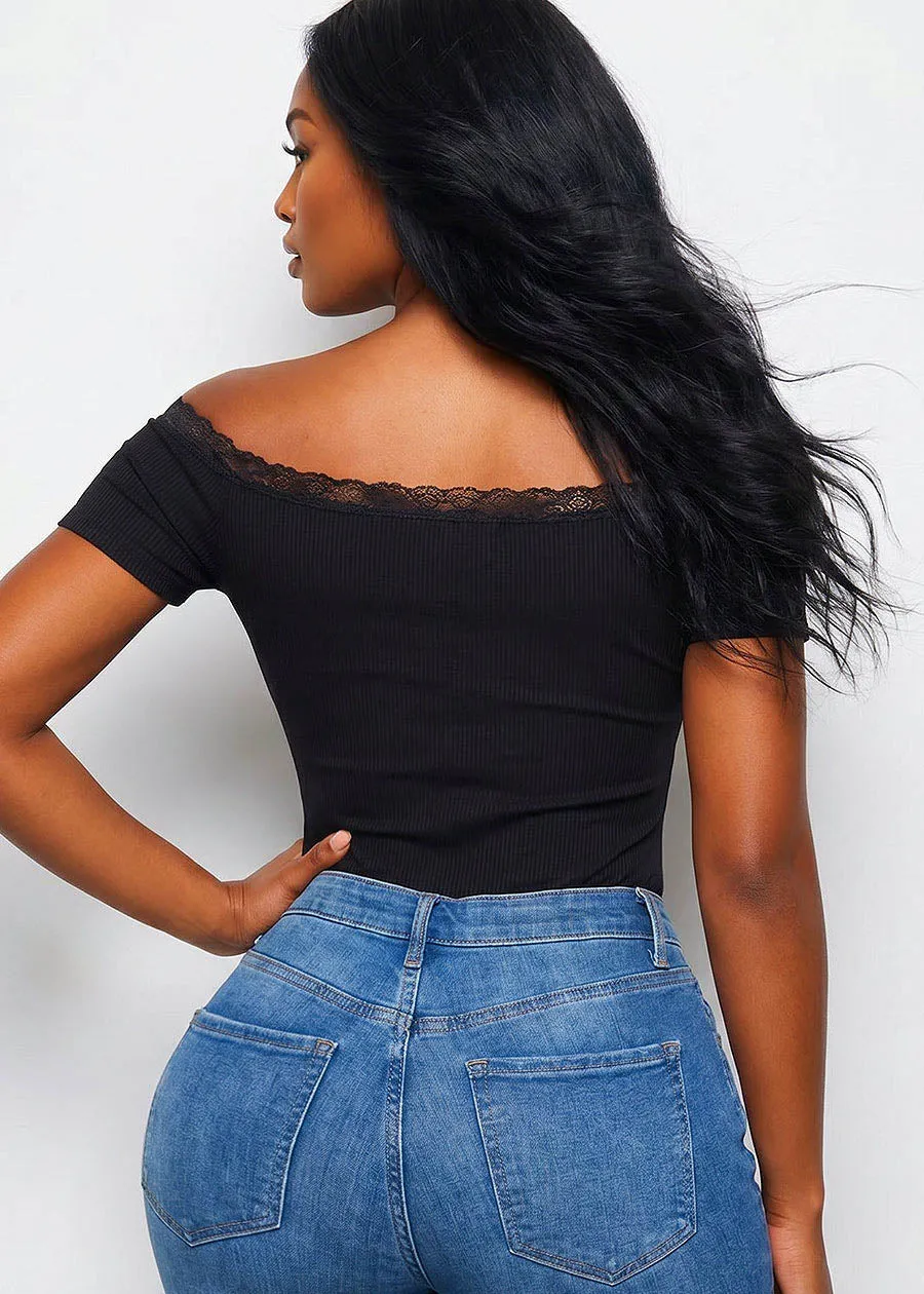 Off Shoulder Stretch Ribbed Top Black w Lace Trim sold by Moda product image thumbnail 2