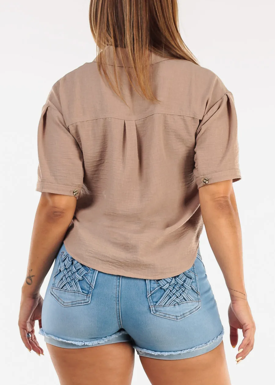 Short Sleeve Button Up Linen Style Blouse Tan sold by Moda product image thumbnail 4