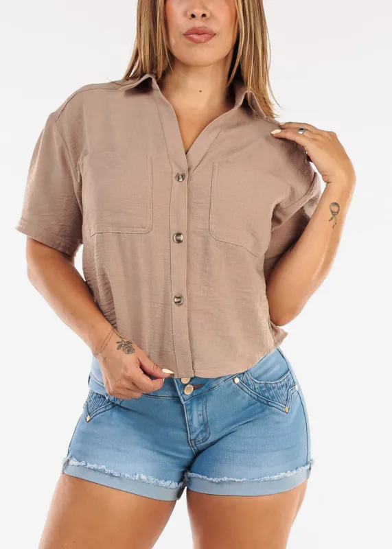 Short Sleeve Button Up Linen Style Blouse Tan made by Active Basic