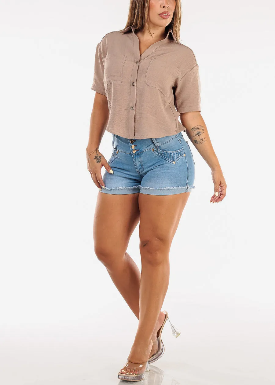 Short Sleeve Button Up Linen Style Blouse Tan sold by Moda product image thumbnail 2