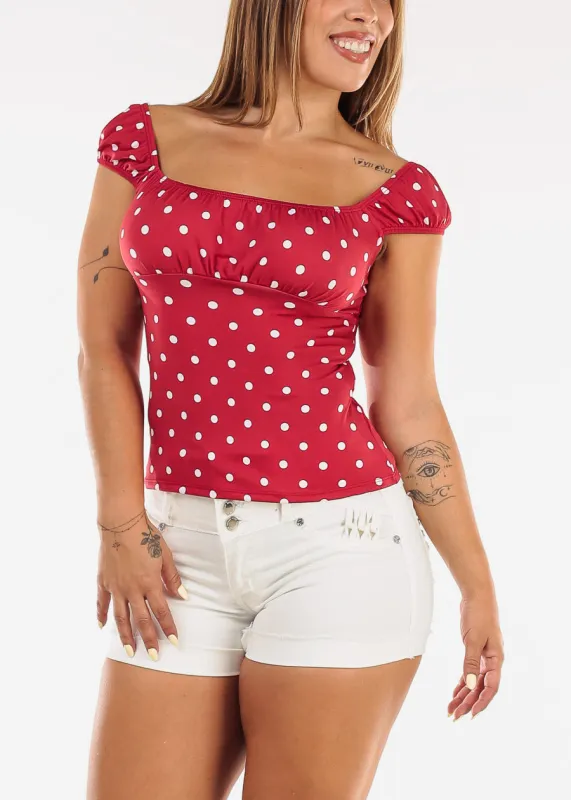 Short Sleeve Square Neck Stretch Polka Dot Blouse Red made by Active Basic