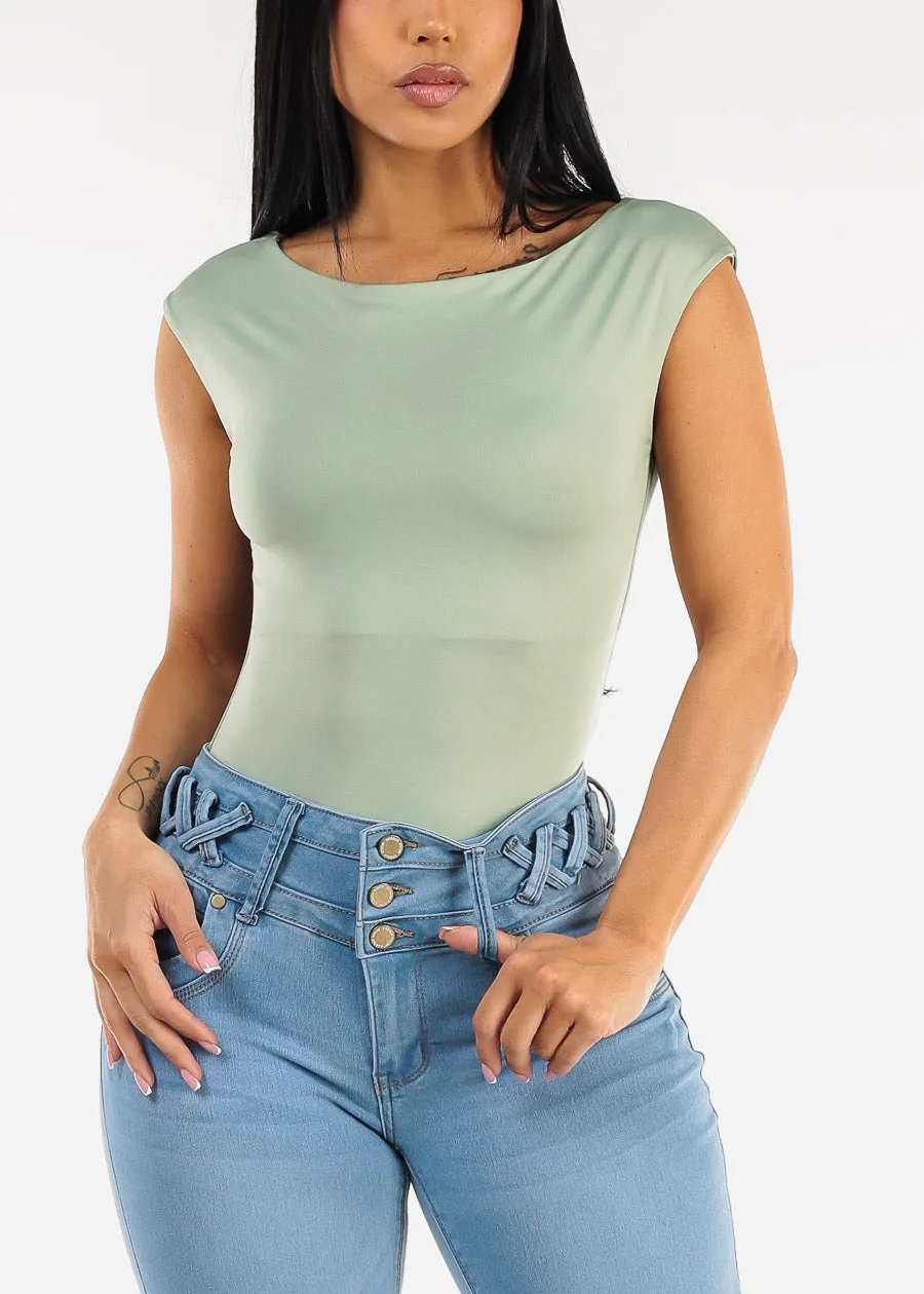 Short Cap Sleeve Boat Neckline Stretch Bodysuit Sage sold by Moda product image thumbnail 5