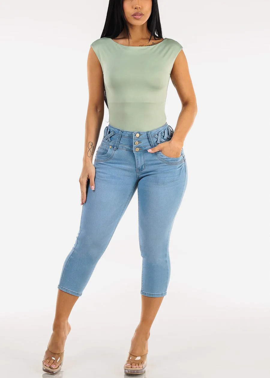 Short Cap Sleeve Boat Neckline Stretch Bodysuit Sage sold by Moda product image thumbnail 2