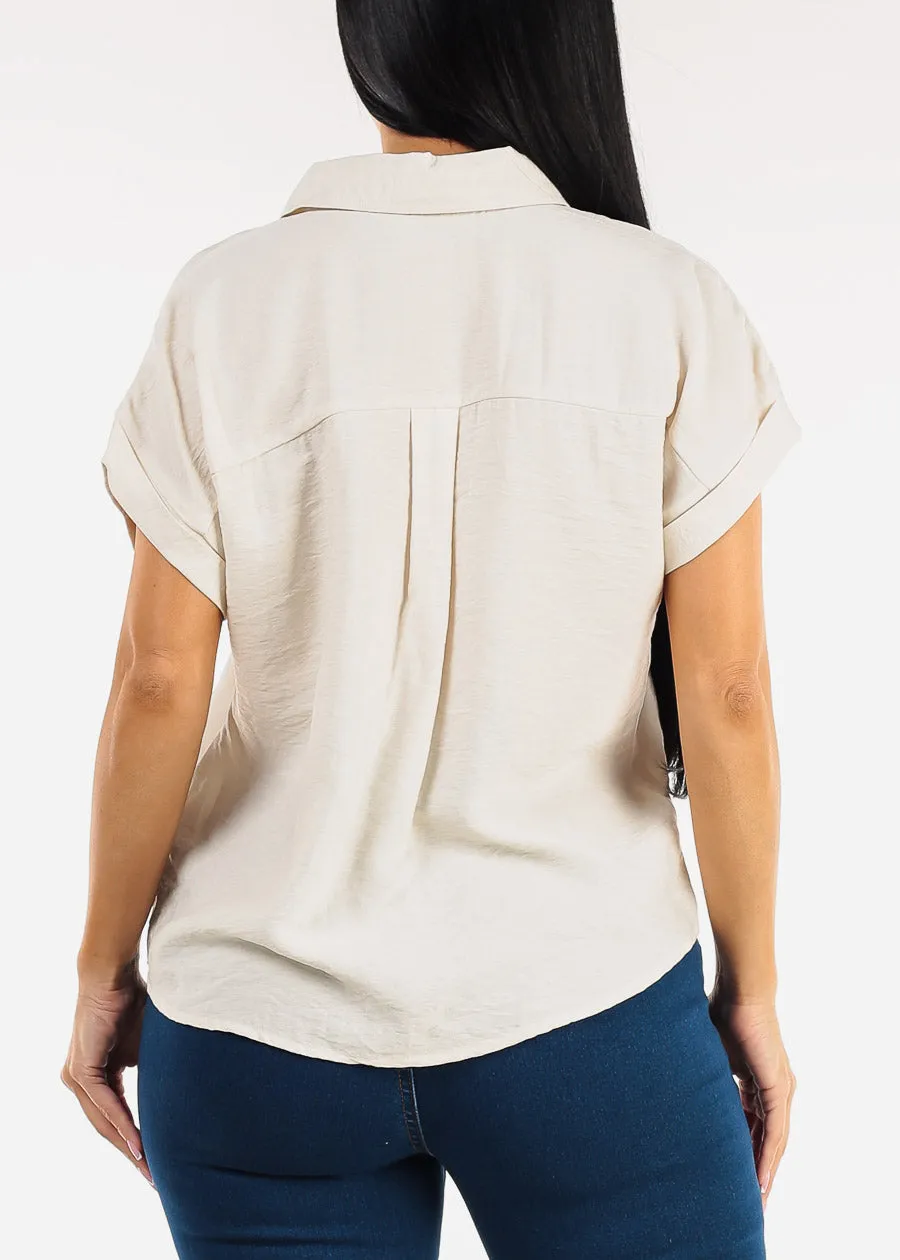 Short Sleeve Button Down Lightweight Blouse Beige sold by Moda product image thumbnail 4