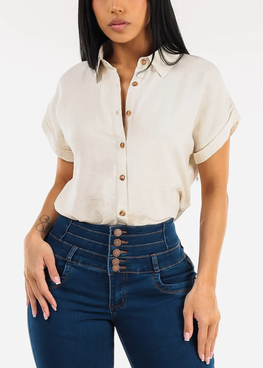 Short Sleeve Button Down Lightweight Blouse Beige sold by Moda