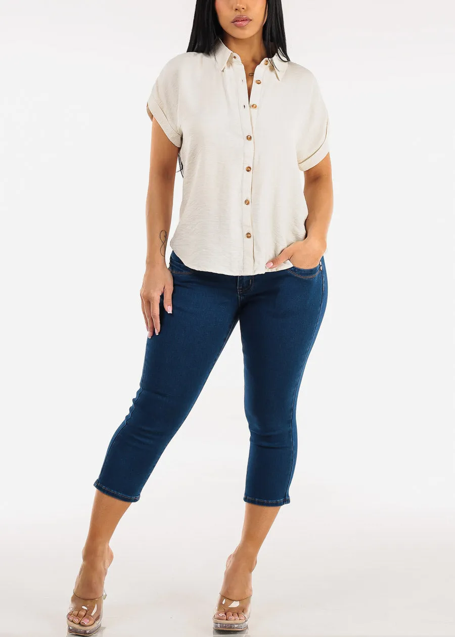 Short Sleeve Button Down Lightweight Blouse Beige sold by Moda product image thumbnail 2