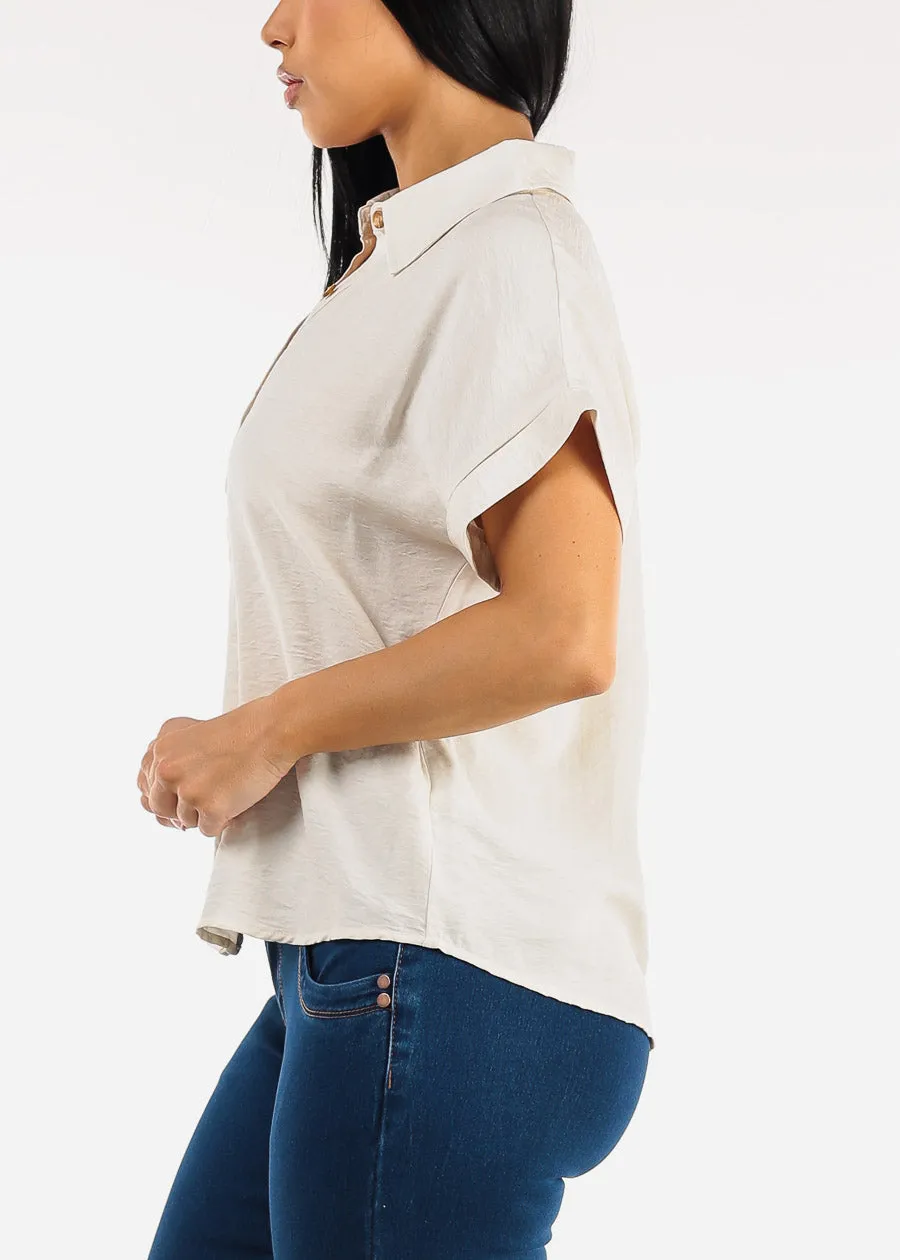 Short Sleeve Button Down Lightweight Blouse Beige sold by Moda product image thumbnail 3