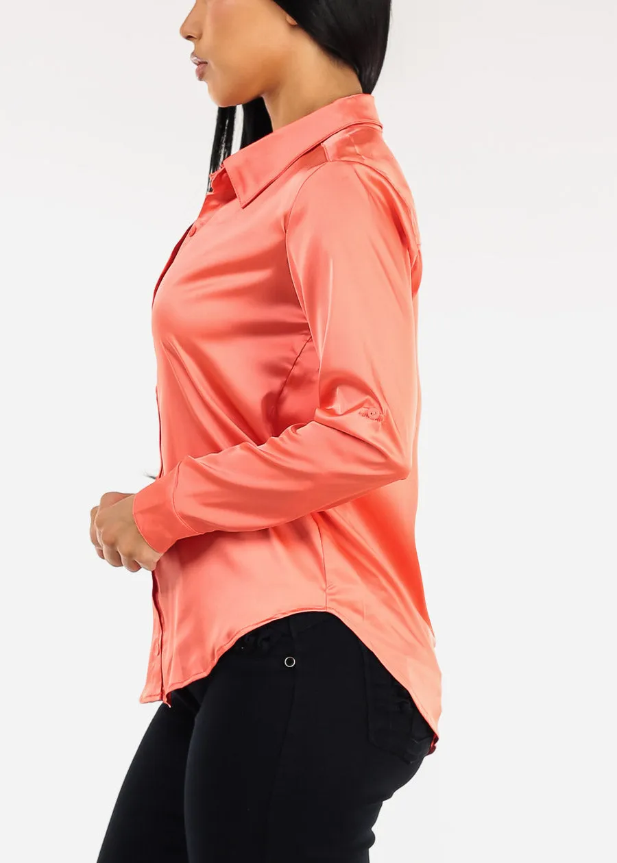 Long Sleeve Button Down Stretch Satin Blouse Light Orange sold by Moda product image thumbnail 3