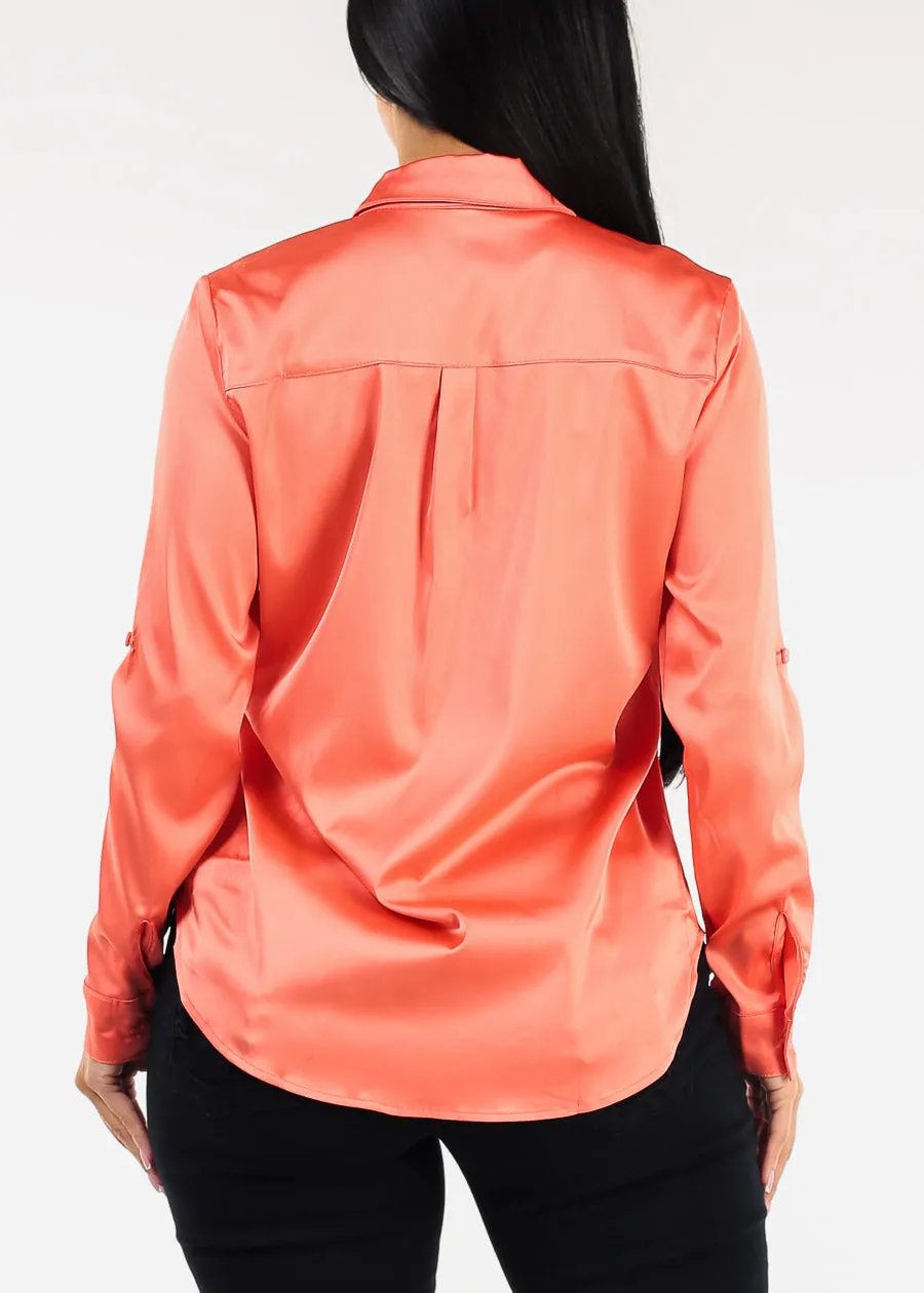 Long Sleeve Button Down Stretch Satin Blouse Light Orange sold by Moda product image thumbnail 4