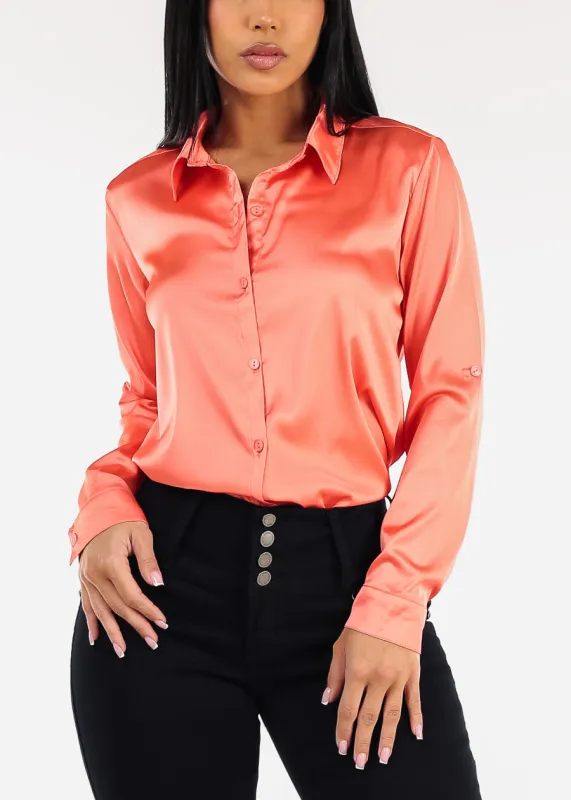 Long Sleeve Button Down Stretch Satin Blouse Light Orange made by Moda