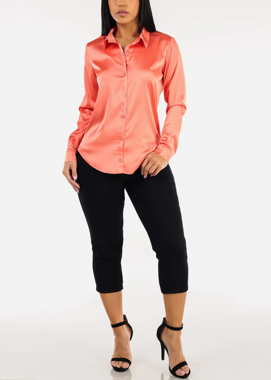 Long Sleeve Button Down Stretch Satin Blouse Light Orange sold by Moda product image thumbnail 2
