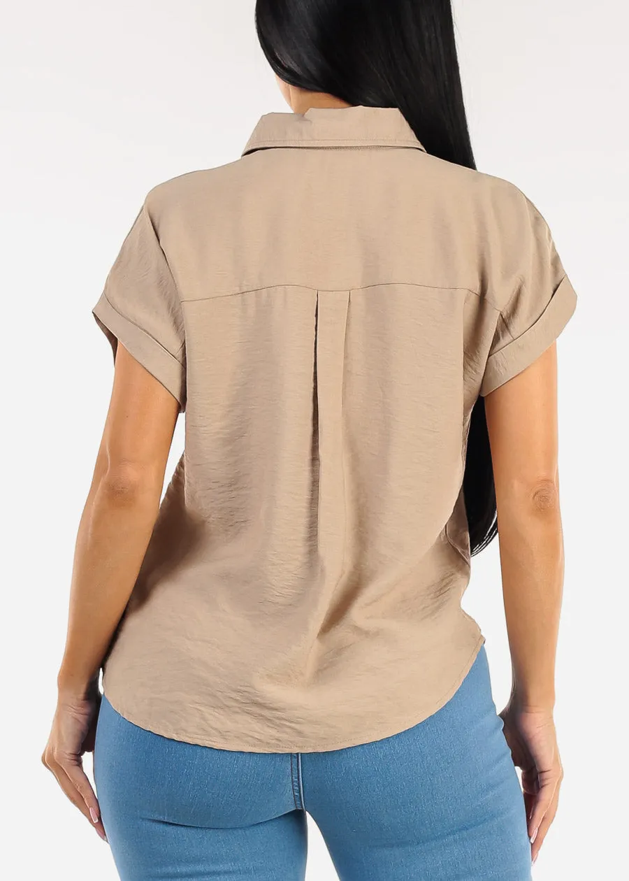 Short Sleeve Button Down Lightweight Blouse Khaki sold by Moda product image thumbnail 4