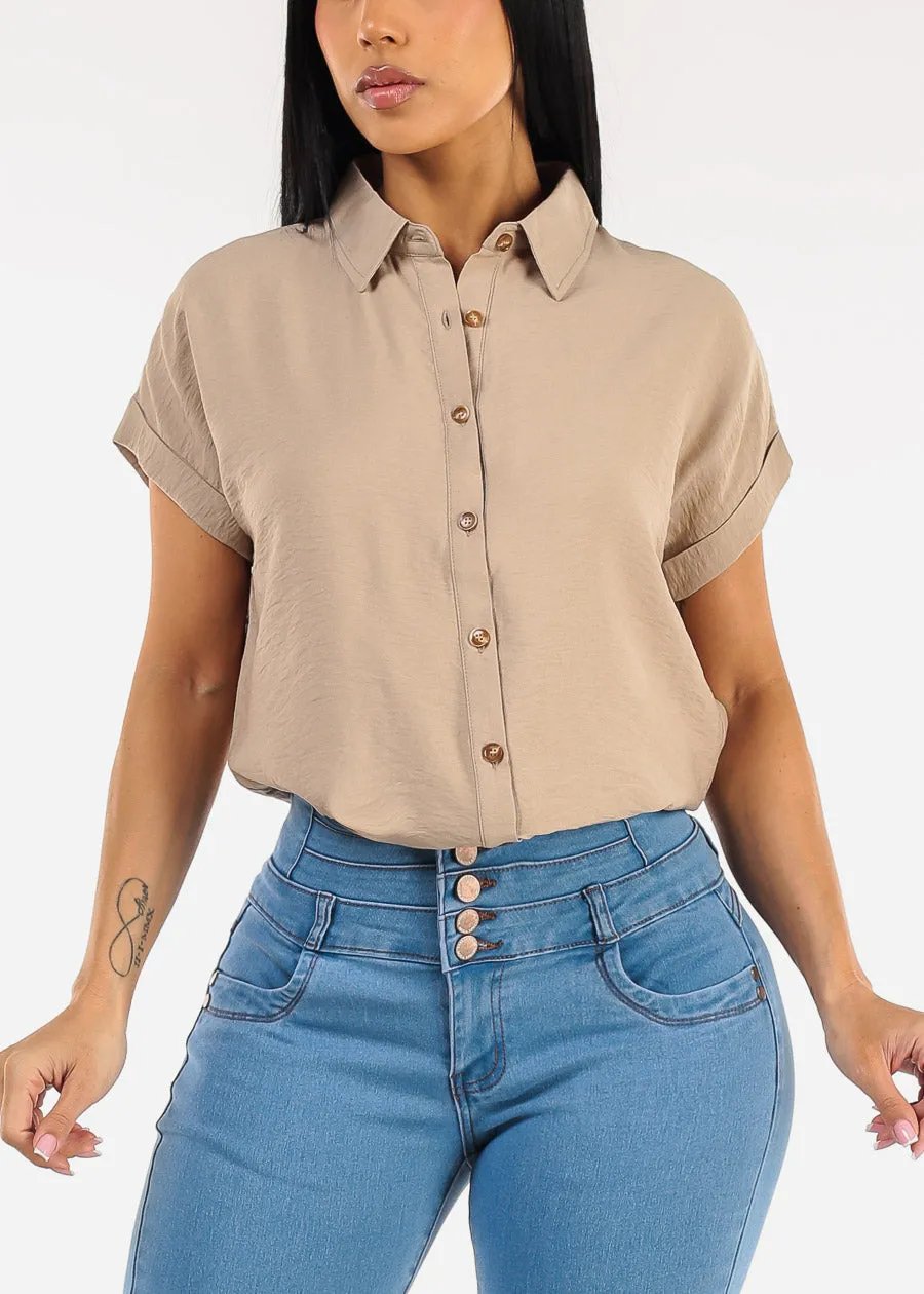 Short Sleeve Button Down Lightweight Blouse Khaki sold by Moda