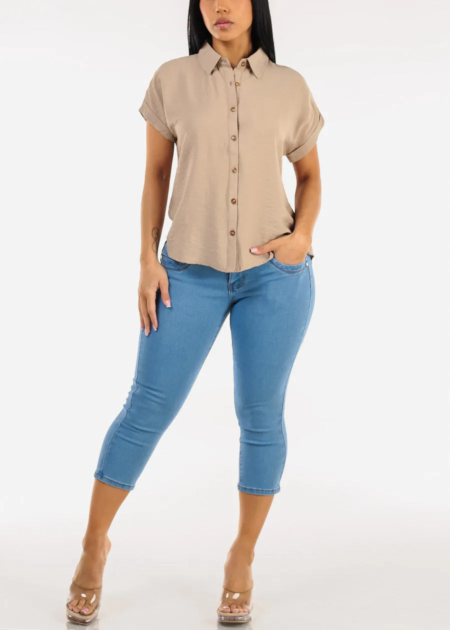 Short Sleeve Button Down Lightweight Blouse Khaki sold by Moda product image thumbnail 2